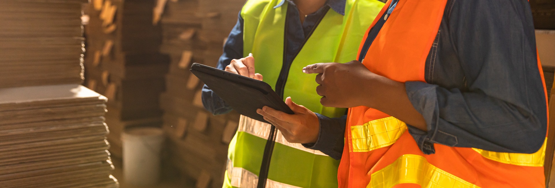 Engineer asian and african woman wearing safety helmet and vest holding clipboard and take note on the paper in the automotive part warehouse.Products and corrugated cardboard.